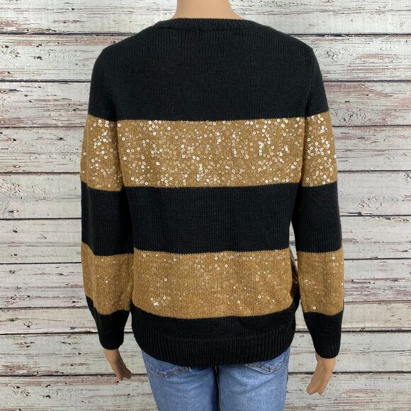 Isaac Mizrahi Elsie Wool Blend Sequin Stripe Sweater Medium Black Gold Mohair - Picture 2 of 8
